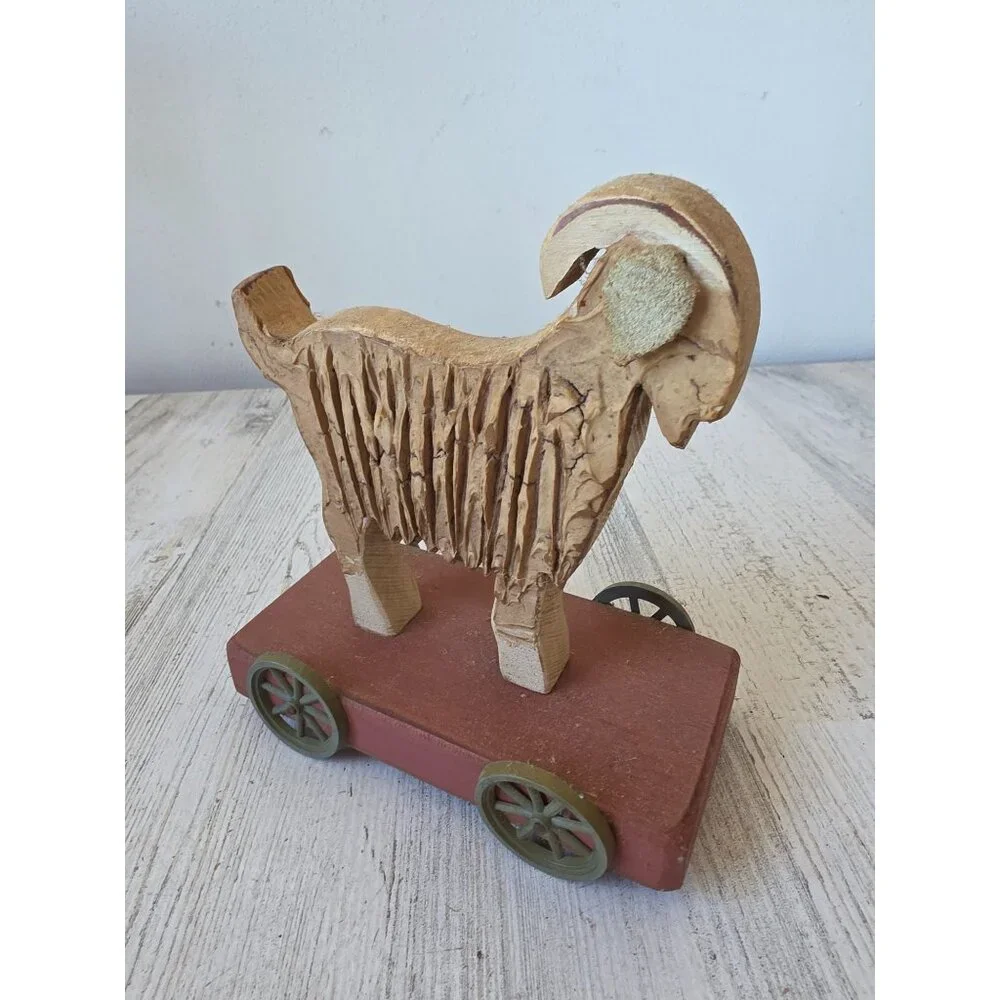 Vintage Wooden goat‎ cart wagon primitive unique decor sheep lauer 1992